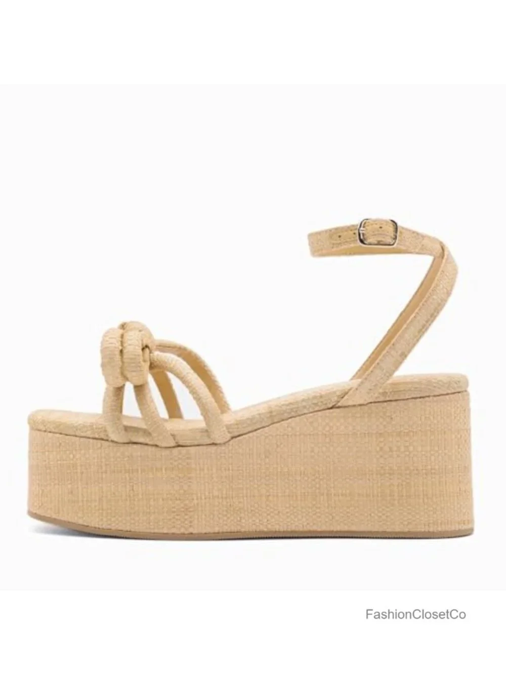 Espadrille Wedges Sandals with Bow Ankle Straps Square Open Toe Raffia